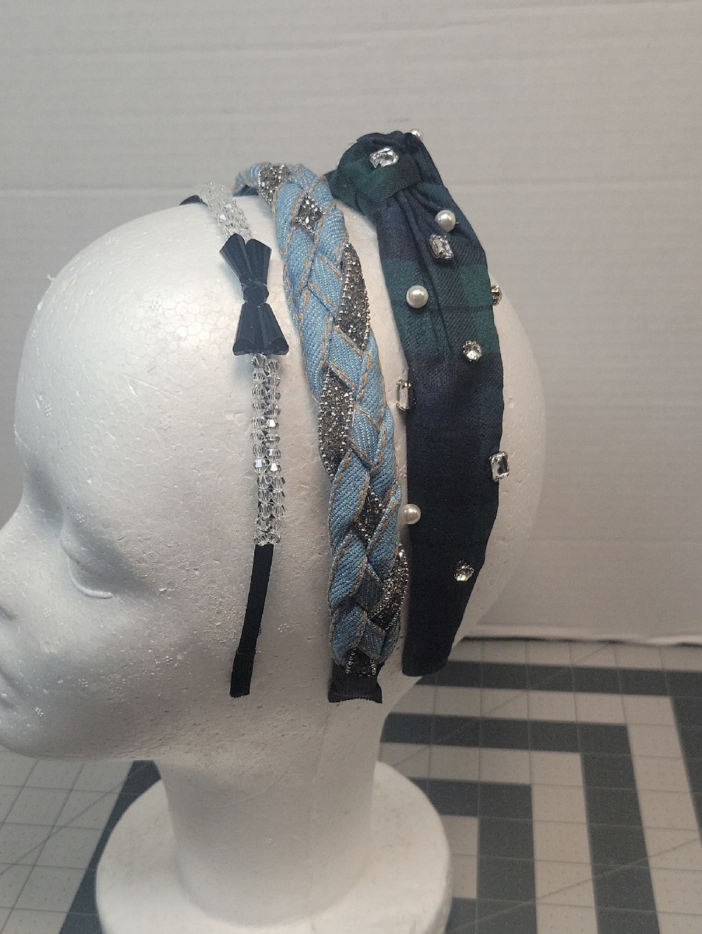 Embellished Blue Plaid and Crystal‎ Hairband Set - Stylish Women's Headbands